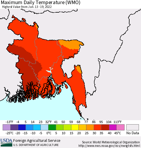 Bangladesh Maximum Daily Temperature (WMO) Thematic Map For 6/13/2022 - 6/19/2022