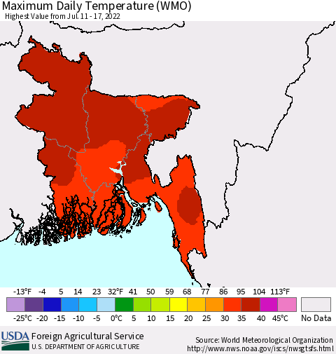 Bangladesh Maximum Daily Temperature (WMO) Thematic Map For 7/11/2022 - 7/17/2022