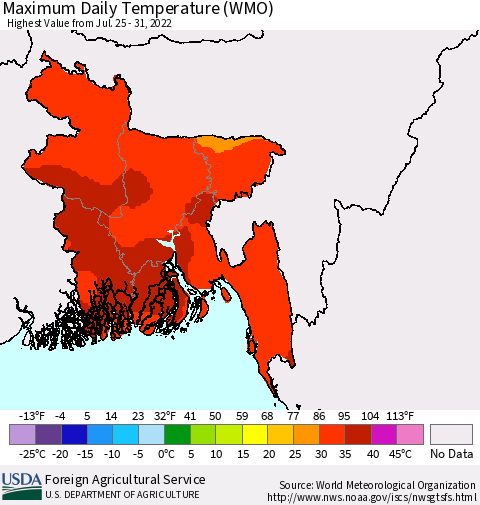 Bangladesh Maximum Daily Temperature (WMO) Thematic Map For 7/25/2022 - 7/31/2022