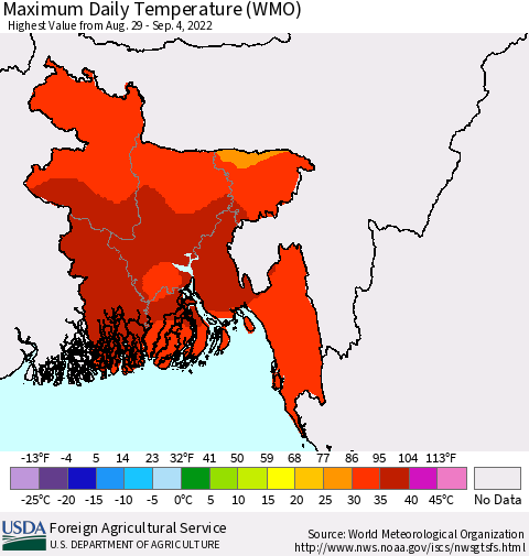Bangladesh Maximum Daily Temperature (WMO) Thematic Map For 8/29/2022 - 9/4/2022