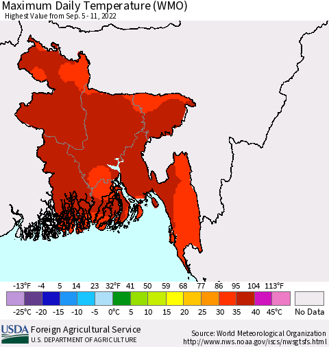 Bangladesh Maximum Daily Temperature (WMO) Thematic Map For 9/5/2022 - 9/11/2022