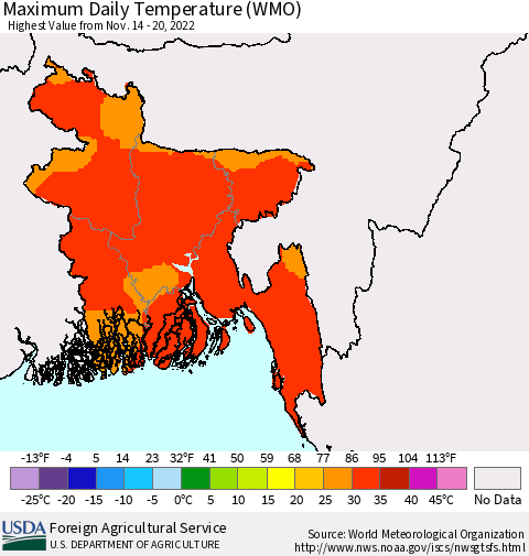 Bangladesh Maximum Daily Temperature (WMO) Thematic Map For 11/14/2022 - 11/20/2022