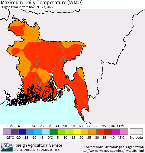 Bangladesh Maximum Daily Temperature (WMO) Thematic Map For 11/21/2022 - 11/27/2022