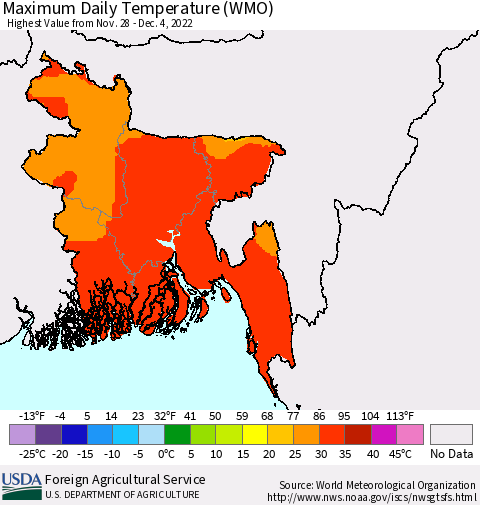 Bangladesh Maximum Daily Temperature (WMO) Thematic Map For 11/28/2022 - 12/4/2022