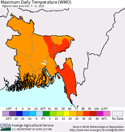 Bangladesh Maximum Daily Temperature (WMO) Thematic Map For 12/5/2022 - 12/11/2022