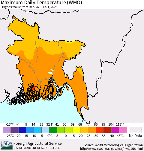 Bangladesh Maximum Daily Temperature (WMO) Thematic Map For 12/26/2022 - 1/1/2023