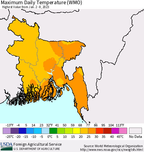 Bangladesh Maximum Daily Temperature (WMO) Thematic Map For 1/2/2023 - 1/8/2023