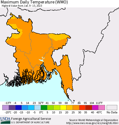 Bangladesh Maximum Daily Temperature (WMO) Thematic Map For 1/9/2023 - 1/15/2023