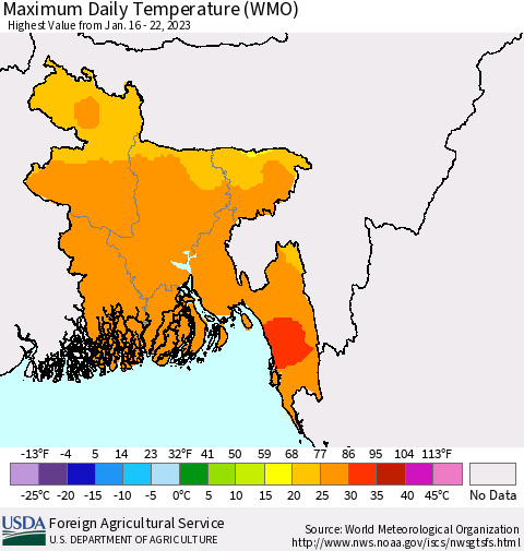 Bangladesh Maximum Daily Temperature (WMO) Thematic Map For 1/16/2023 - 1/22/2023