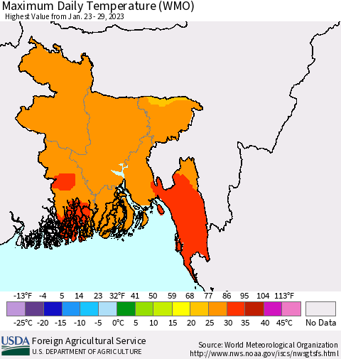 Bangladesh Maximum Daily Temperature (WMO) Thematic Map For 1/23/2023 - 1/29/2023