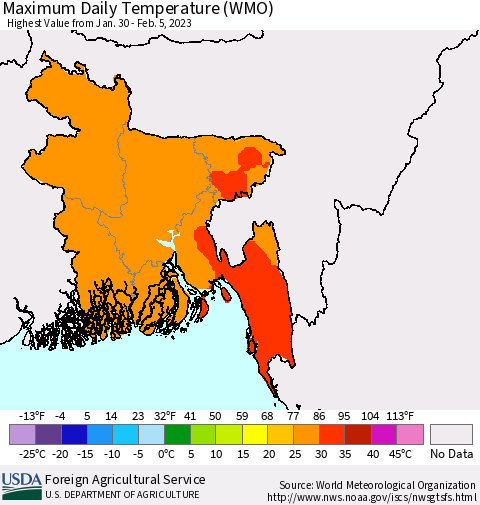 Bangladesh Maximum Daily Temperature (WMO) Thematic Map For 1/30/2023 - 2/5/2023