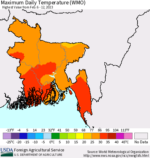 Bangladesh Maximum Daily Temperature (WMO) Thematic Map For 2/6/2023 - 2/12/2023