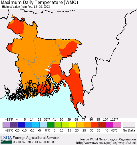 Bangladesh Maximum Daily Temperature (WMO) Thematic Map For 2/13/2023 - 2/19/2023