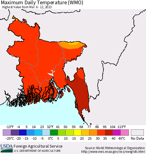 Bangladesh Maximum Daily Temperature (WMO) Thematic Map For 3/6/2023 - 3/12/2023