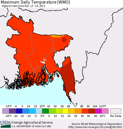 Bangladesh Maximum Daily Temperature (WMO) Thematic Map For 3/13/2023 - 3/19/2023