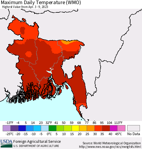 Bangladesh Maximum Daily Temperature (WMO) Thematic Map For 4/3/2023 - 4/9/2023