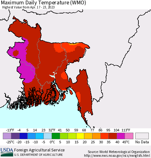 Bangladesh Maximum Daily Temperature (WMO) Thematic Map For 4/17/2023 - 4/23/2023