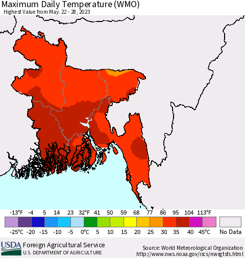 Bangladesh Maximum Daily Temperature (WMO) Thematic Map For 5/22/2023 - 5/28/2023