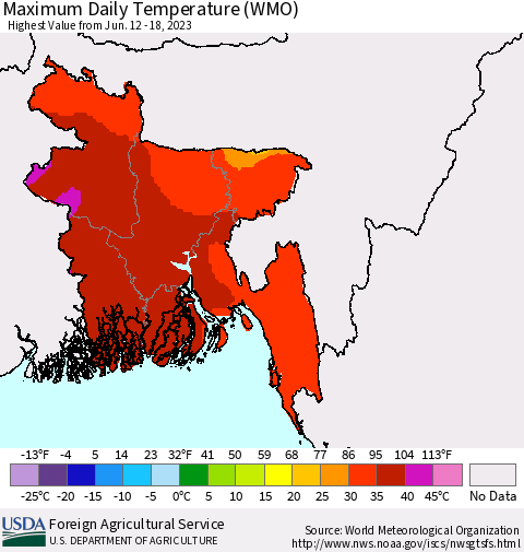 Bangladesh Maximum Daily Temperature (WMO) Thematic Map For 6/12/2023 - 6/18/2023