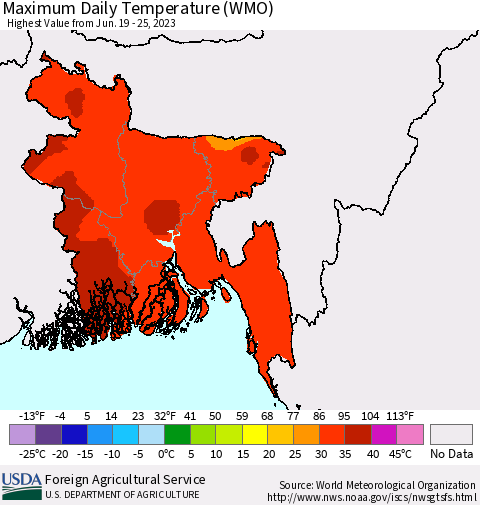 Bangladesh Maximum Daily Temperature (WMO) Thematic Map For 6/19/2023 - 6/25/2023