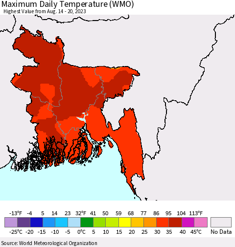 Bangladesh Maximum Daily Temperature (WMO) Thematic Map For 8/14/2023 - 8/20/2023