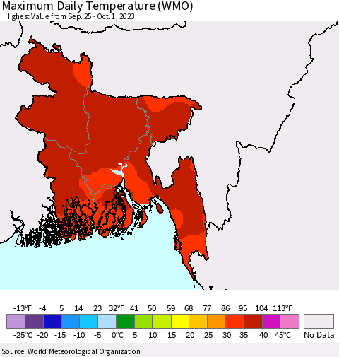 Bangladesh Maximum Daily Temperature (WMO) Thematic Map For 9/25/2023 - 10/1/2023