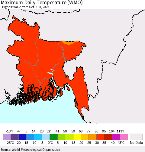 Bangladesh Maximum Daily Temperature (WMO) Thematic Map For 10/2/2023 - 10/8/2023
