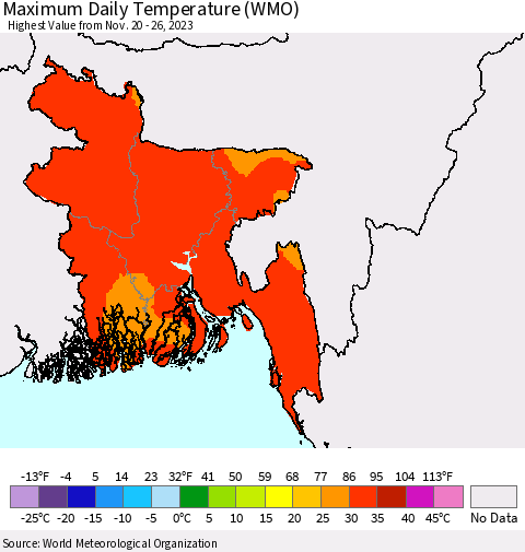Bangladesh Maximum Daily Temperature (WMO) Thematic Map For 11/20/2023 - 11/26/2023
