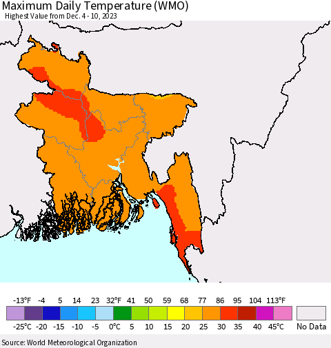 Bangladesh Maximum Daily Temperature (WMO) Thematic Map For 12/4/2023 - 12/10/2023