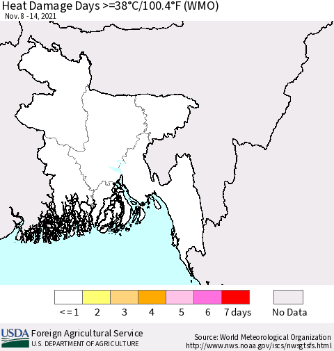 Bangladesh Heat Damage Days >=38°C/100°F (WMO) Thematic Map For 11/8/2021 - 11/14/2021