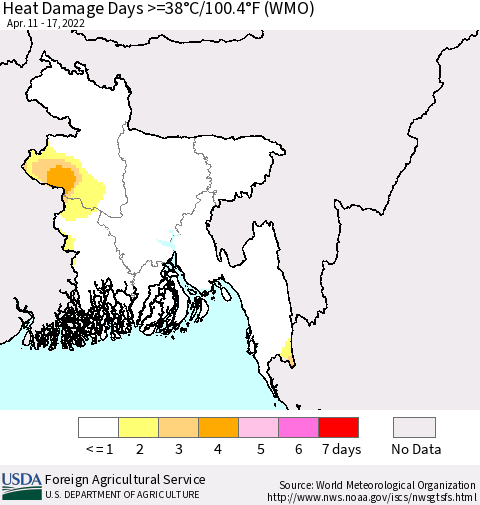 Bangladesh Heat Damage Days >=38°C/100°F (WMO) Thematic Map For 4/11/2022 - 4/17/2022