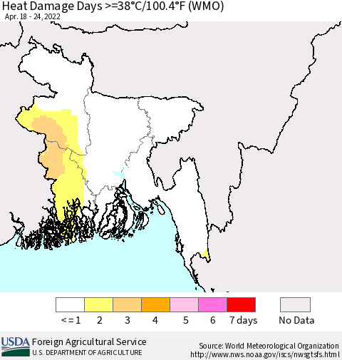 Bangladesh Heat Damage Days >=38°C/100°F (WMO) Thematic Map For 4/18/2022 - 4/24/2022