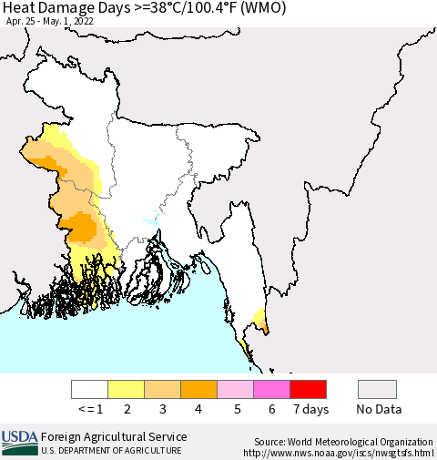 Bangladesh Heat Damage Days >=38°C/100°F (WMO) Thematic Map For 4/25/2022 - 5/1/2022