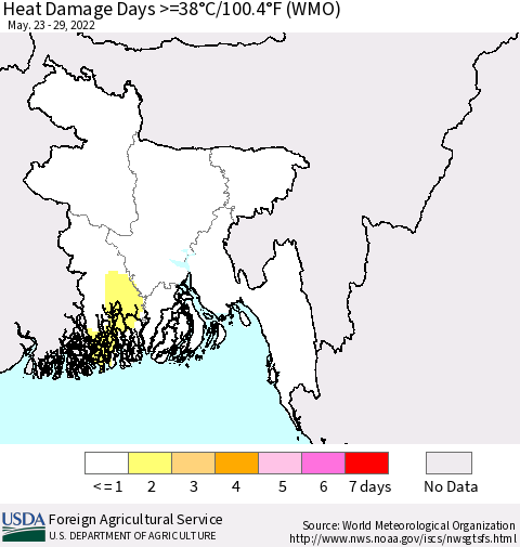 Bangladesh Heat Damage Days >=38°C/100°F (WMO) Thematic Map For 5/23/2022 - 5/29/2022