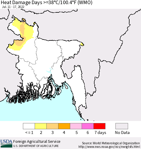 Bangladesh Heat Damage Days >=38°C/100°F (WMO) Thematic Map For 7/11/2022 - 7/17/2022