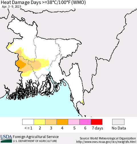 Bangladesh Heat Damage Days >=38°C/100°F (WMO) Thematic Map For 4/3/2023 - 4/9/2023