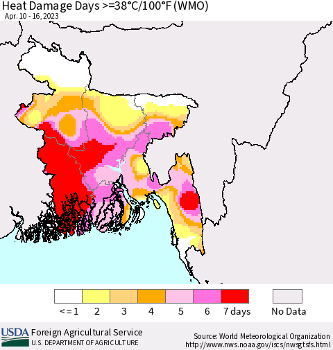 Bangladesh Heat Damage Days >=38°C/100°F (WMO) Thematic Map For 4/10/2023 - 4/16/2023