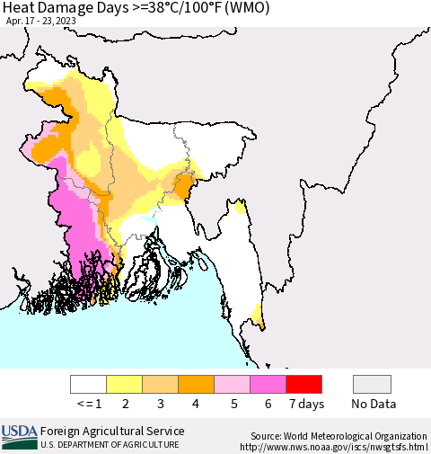 Bangladesh Heat Damage Days >=38°C/100°F (WMO) Thematic Map For 4/17/2023 - 4/23/2023