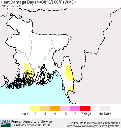 Bangladesh Heat Damage Days >=38°C/100°F (WMO) Thematic Map For 4/24/2023 - 4/30/2023