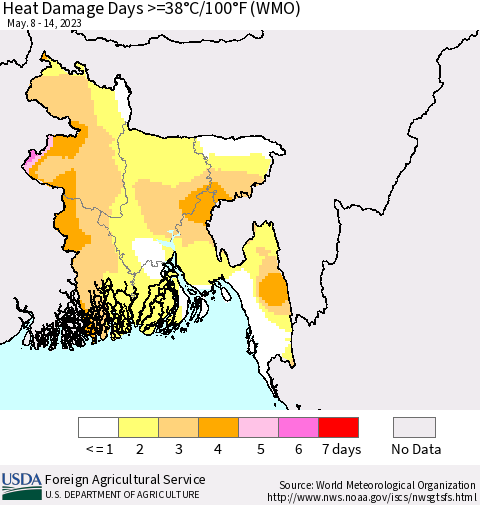 Bangladesh Heat Damage Days >=38°C/100°F (WMO) Thematic Map For 5/8/2023 - 5/14/2023