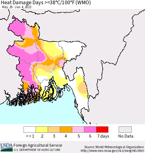 Bangladesh Heat Damage Days >=38°C/100°F (WMO) Thematic Map For 5/29/2023 - 6/4/2023