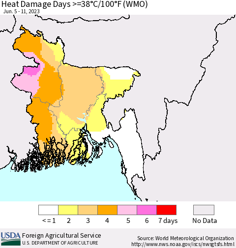 Bangladesh Heat Damage Days >=38°C/100°F (WMO) Thematic Map For 6/5/2023 - 6/11/2023