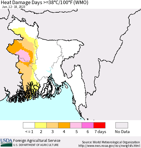 Bangladesh Heat Damage Days >=38°C/100°F (WMO) Thematic Map For 6/12/2023 - 6/18/2023