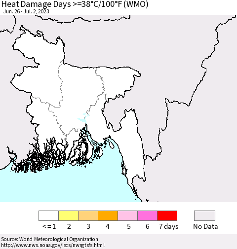 Bangladesh Heat Damage Days >=38°C/100°F (WMO) Thematic Map For 6/26/2023 - 7/2/2023