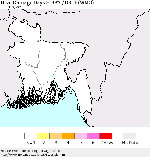 Bangladesh Heat Damage Days >=38°C/100°F (WMO) Thematic Map For 7/3/2023 - 7/9/2023