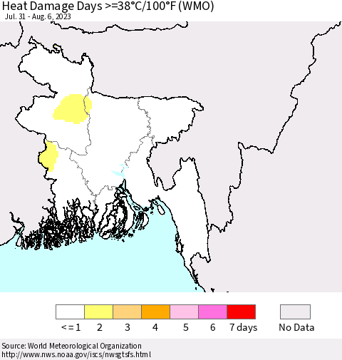 Bangladesh Heat Damage Days >=38°C/100°F (WMO) Thematic Map For 7/31/2023 - 8/6/2023