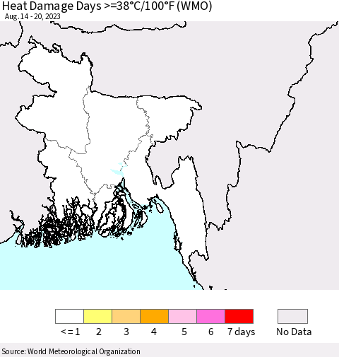 Bangladesh Heat Damage Days >=38°C/100°F (WMO) Thematic Map For 8/14/2023 - 8/20/2023