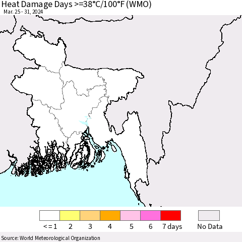 Bangladesh Heat Damage Days >=38°C/100°F (WMO) Thematic Map For 3/25/2024 - 3/31/2024