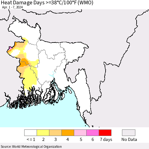 Bangladesh Heat Damage Days >=38°C/100°F (WMO) Thematic Map For 4/1/2024 - 4/7/2024