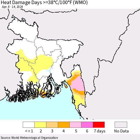 Bangladesh Heat Damage Days >=38°C/100°F (WMO) Thematic Map For 4/8/2024 - 4/14/2024
